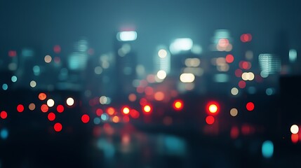 Blurred urban skyline at night with glowing corporate logos