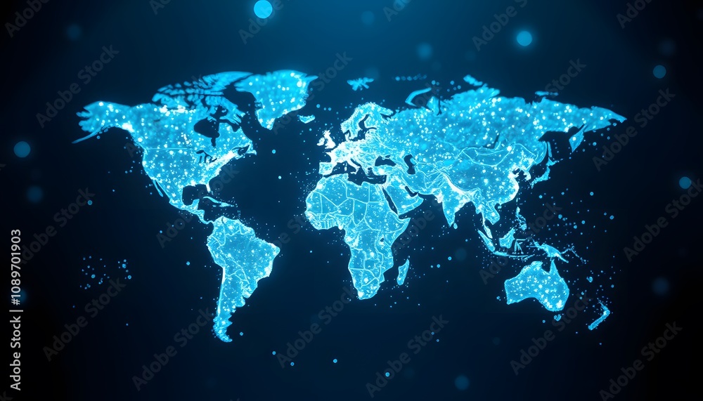 Poster A Vibrant World Map Dissolving Gradually into Glowing Particles Ideal for Visualizing Global Connectivity or Data Trends in Modern Graphics.