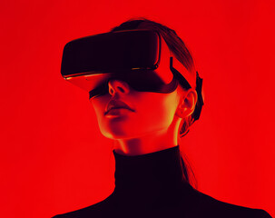 Woman wearing virtual reality headset immersed in metaverse experience on red background