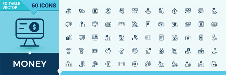 Money vector line icon set. Includes icons for finance, buy, euro, pig, dollar, safe, cash, banking. Collection for mobile and web apps. Outline and solid pictogram.