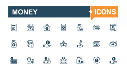 Money thin line icon set. Containing graph, buy, pig, growth, wealth, finance, financial, market. Solid line editable stroke. Vector line and solid icons.