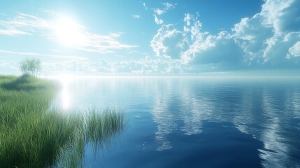 Fototapeta premium Serene Lakeside View With Sunny Sky And Lush Grass