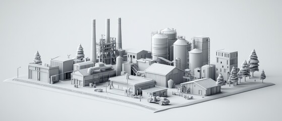 Monochrome model of an industrial complex with surrounding trees and buildings.