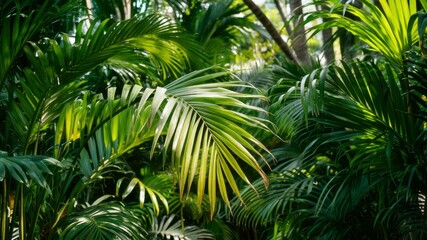 Tropical Palm Fronds: Lush, vibrant green palm fronds illuminated by dappled sunlight create a vibrant and exotic scene, evocative of a tropical paradise.