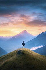 Fototapeta premium Majestic mountains loom over a fearless explorer embarking on daring journeys, with brilliant sunset glow, dramatic clouds, and an adventurous heart.