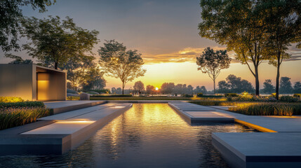 Tranquil garden pond with stone walkway during vibrant sunset in summer evening
