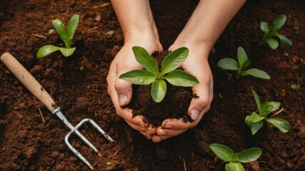Nurturing Growth: Gentle hands cradle a small, thriving plant amidst rich soil, a close-up perspective highlighting the care and nurturing that leads to new beginnings.