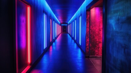 Fototapeta premium Neon-lit hallway with pink and blue lighting.