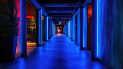 Fototapeta premium Neon-lit corridor with blue and pink lighting.