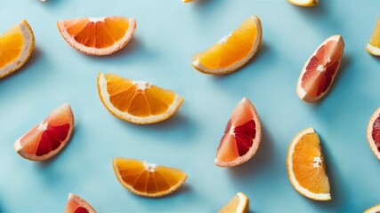Citrus Burst: Vibrant slices of oranges, grapefruits and lemons are scattered across a pastel blue background, evoking a sense of freshness, health and summer delight.