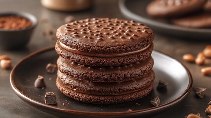 Stack of chocolate sandwich cookies with creamy filling on dark plate.