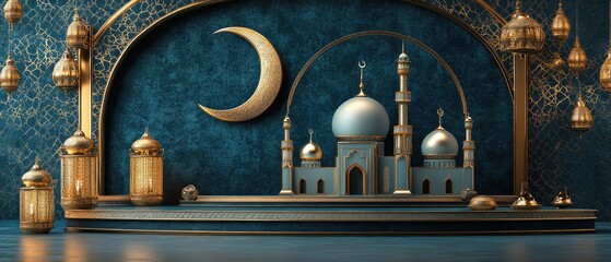 Fototapeta premium Festive Islamic scene with mosque, crescent moon, lanterns, and ornate details.