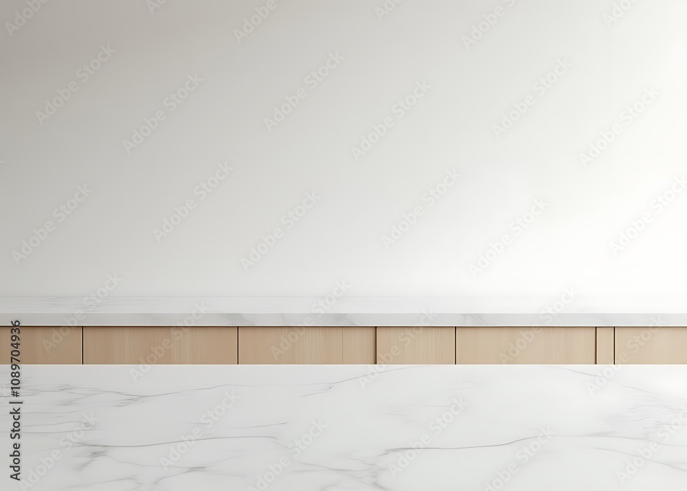 Poster white marble kitchen countertop features a pale gray background and wooden panels for a modern look 