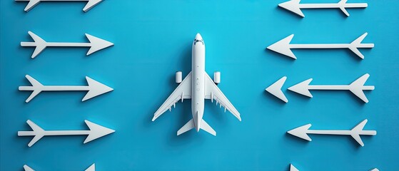 Airplane model amidst opposing arrows on blue background.