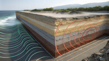 Detailed geological model showing seismic wave propagation through land and sea layers