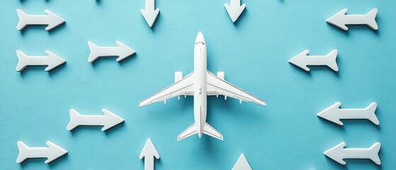 Airplane model surrounded by arrows, signifying travel choices and directions.