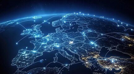 A wide shot of the Earth, with glowing connections between cities in Europe