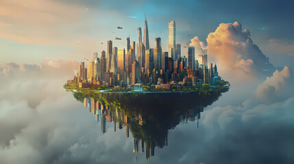 Naklejka premium Floating cityscape. fantasy island in the sky. Floating Island City. Illustration