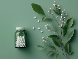 A bottle of pills is on a green background with a leafy plant