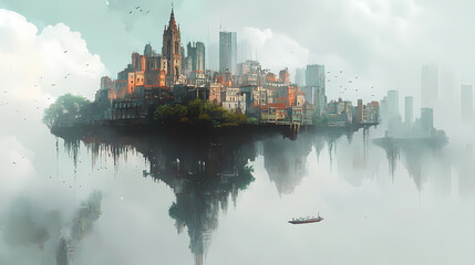 Fototapeta premium Floating city, conceptual illustration. Floating Island City. Illustration