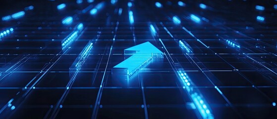 Naklejka premium Blue arrow rising on glowing digital grid.