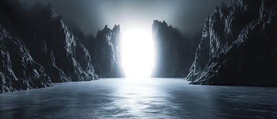 Bright light shines through a gap between dark, imposing mountains over still water.