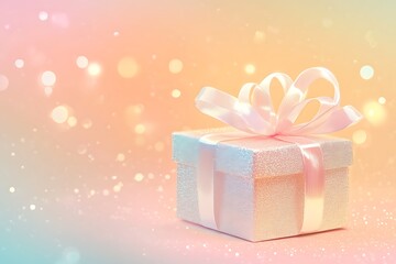 Fototapeta premium Clean outline of a gift box with ribbons glowing softly on a pastel gradient