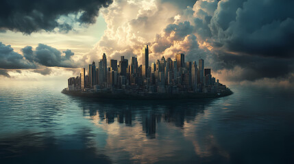 Naklejka premium A photograph captures an urban landscape floating atop a sea, illuminated by thunderclouds overhead. Floating Island City. Illustration