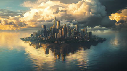 Naklejka premium A photograph captures an urban landscape floating atop a sea, illuminated by thunderclouds overhead. Floating Island City. Illustration