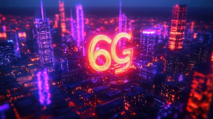 Fototapeta premium Glowing 6G network over futuristic city.