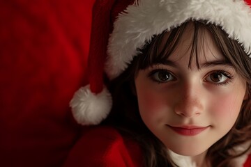 Close-up of girl in Santa Claus outfit, plain red background, festive Christmas feel