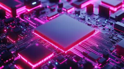 Obraz premium Futuristic central processing unit glowing on a circuit board.