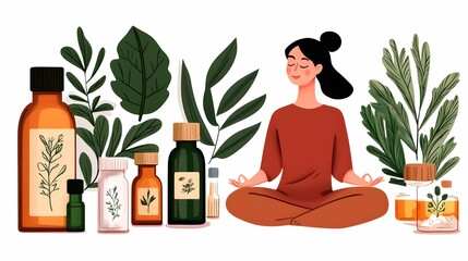 A woman is sitting in a room with many bottles of essential oils