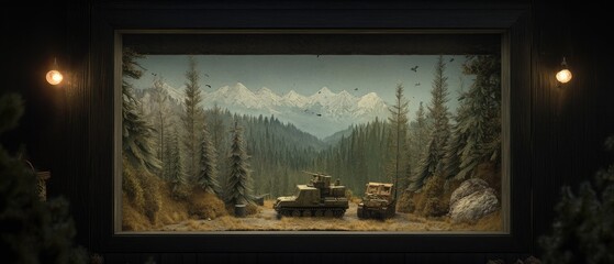 Military diorama in a wooden frame, showcasing armored vehicles in a mountain landscape.