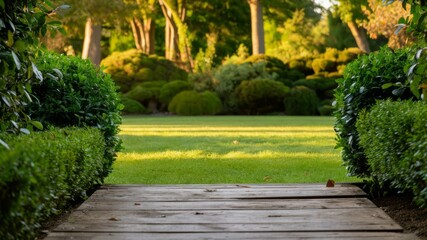 Obraz premium Serene Garden Path: A wooden pathway leads to a lush, vibrant garden, bathed in the warm glow of sunlight. The meticulously manicured hedges and lawns create a tranquil and inviting atmosphere.