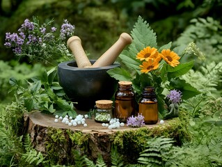 A wooden stump with a mortar and pestle, a bottle of oil, and a vase of flowers