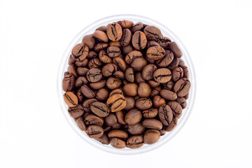 Fototapeta premium Roasted Robusta coffee beans inside a container isolated on a white background.