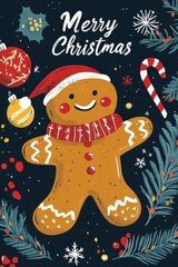 Naklejka premium Retro Christmas card, 1950s style, bold and bright vintage color palette, featuring a cheerful gingerbread cookie character with a smiling face, wearing a red scarf and holding a candy cane