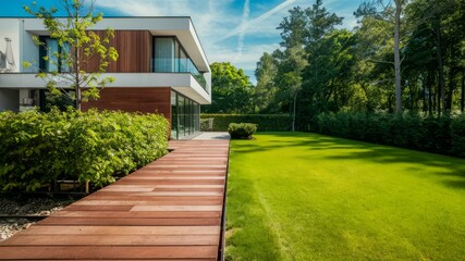 Fototapeta premium Modern Luxury Home with Wooden Deck and Lush Lawn: A stunning architectural masterpiece with clean lines, modern design, and a manicured lawn.