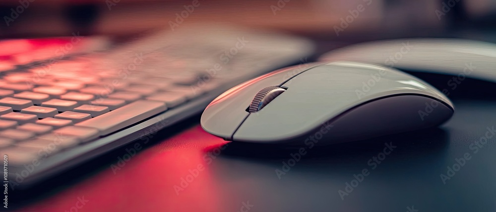Wall mural close-up of a white computer mouse and keyboard on a dark desk.