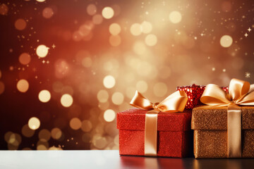 Fototapeta premium Close up red and Golden gift box for Christmas Eve or New Year over light blurred background 