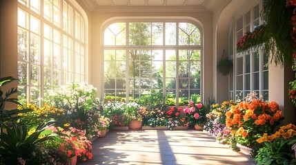Sunlit conservatory overflowing with vibrant flowers and lush greenery.