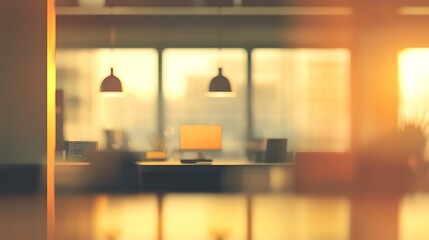 Abstract blurred co-working space with warm lighting and copy space