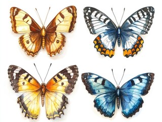 Obraz premium Vibrant Watercolor Depictions of Isolated Butterflies with Stunning Blue Wings on a Pure White Canvas
