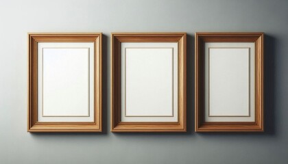 empty wooden picture frames with blank white canvases hanging on the wall, empty space in the middle of each frame for text or design to be placed inside.