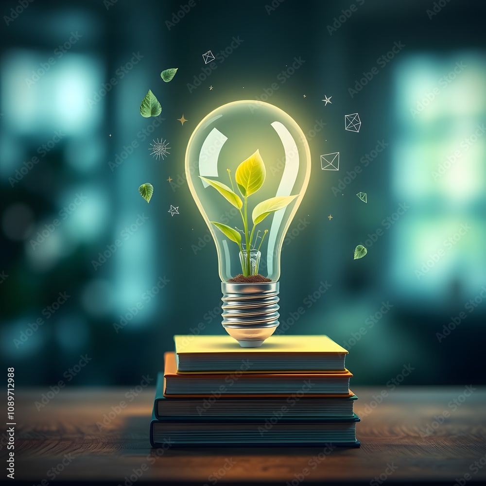 Poster surreal scene of a glowing light bulb nurturing life with a green plant inside, perfect for imaginat