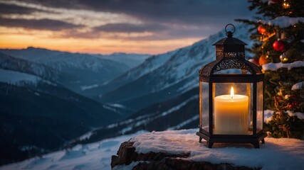 A glowing lantern placed on a snowy cliff with holiday decorations, set against a dramatic mountain view at dusk. 