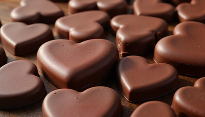Fototapeta premium Heart-shaped chocolate delights, cozy mood, arranged on wooden surface, dessert concept
