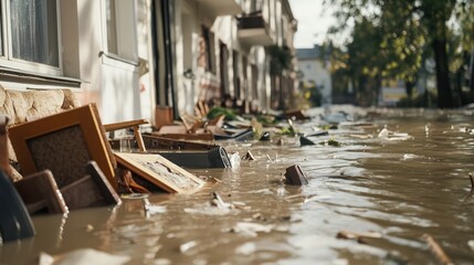 Urban Street Flooded with Debris After Severe Storm. Houses Submerged in Water and Damage Visible.