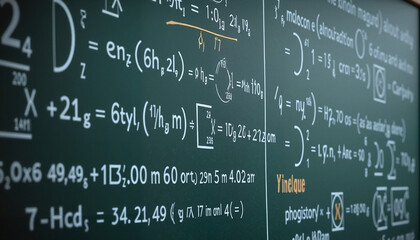 Detailed chalkboard filled with advanced mathematical equations and physical formulas in classroom